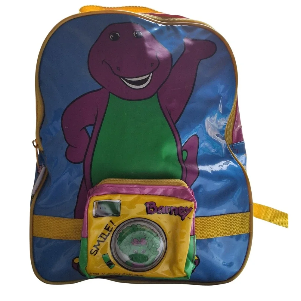 Vintage 1998 Barney the Dinosaur Kids Vinyl Backpack Blue Yellow 90s Retro